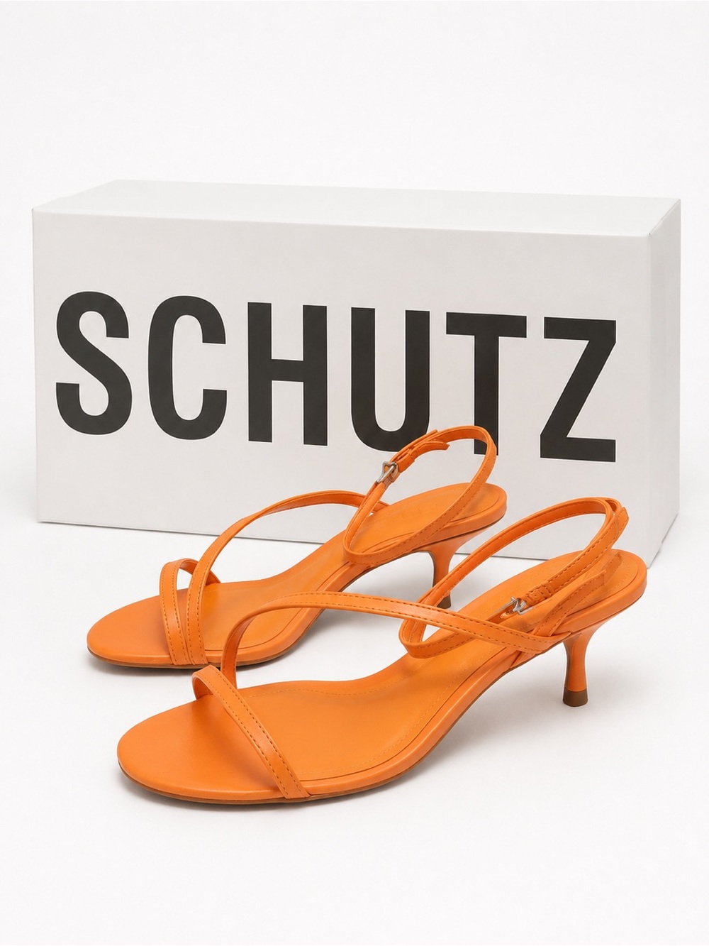 SCHUTZ Helene Bright Orange Strappy Kitten Heel Sandals NIB